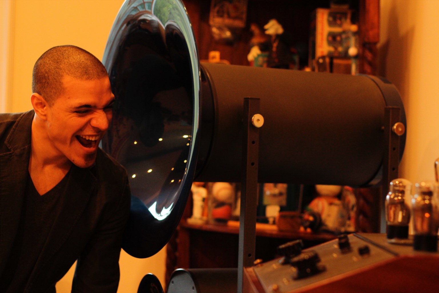 Portrait beside a speaker